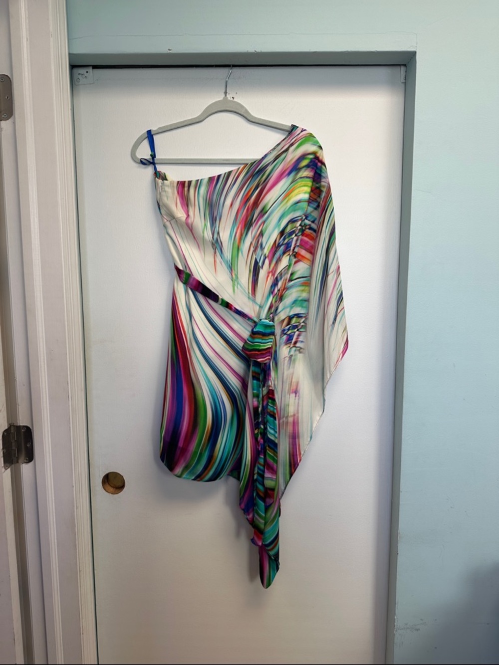 Milly Multicolor Swirl One-Shoulder Mini Dress in White and Rainbow